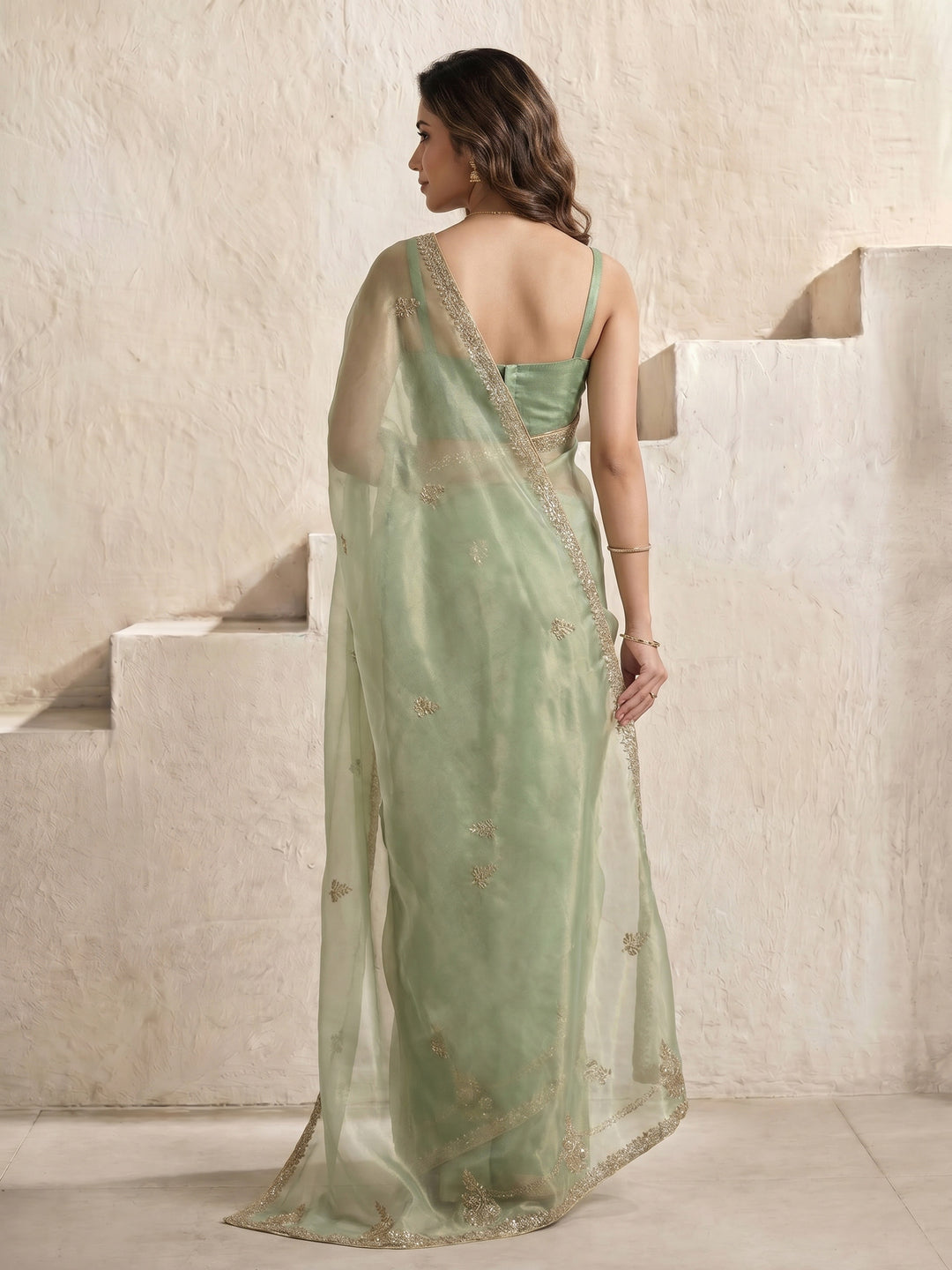 Pista Green Embroidered Tissue Saree