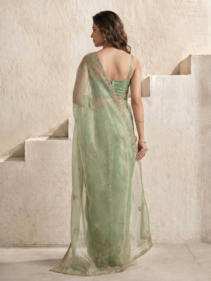 Pista Green Embroidered Tissue Saree