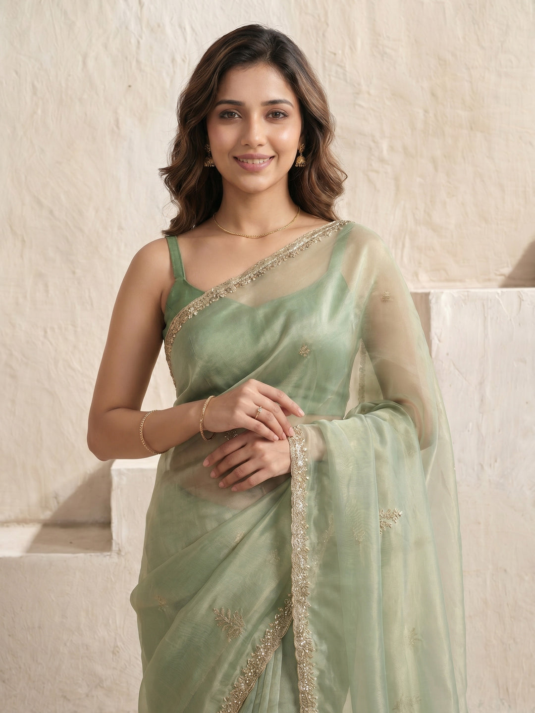 Pista Green Embroidered Tissue Saree