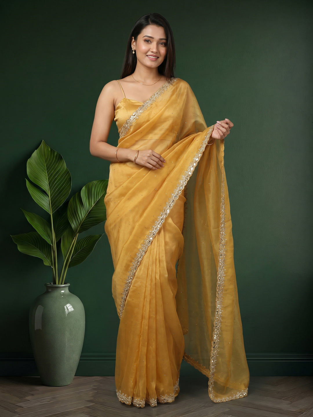 Mustard Embroidered Tissue Saree