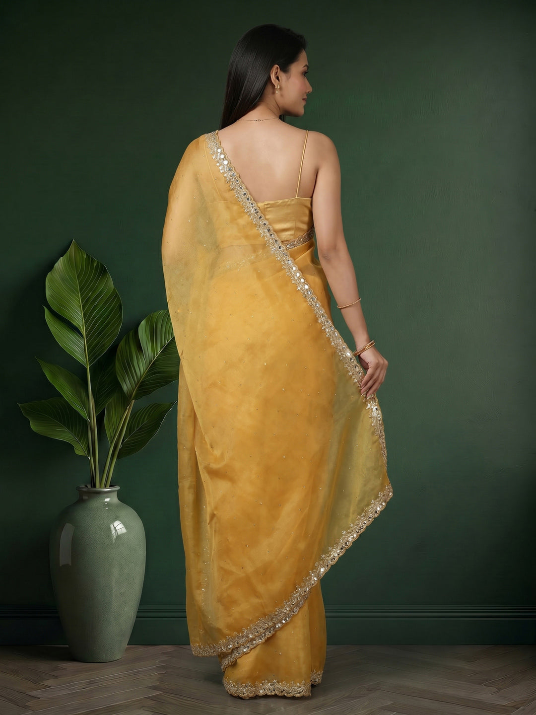 Mustard Embroidered Tissue Saree