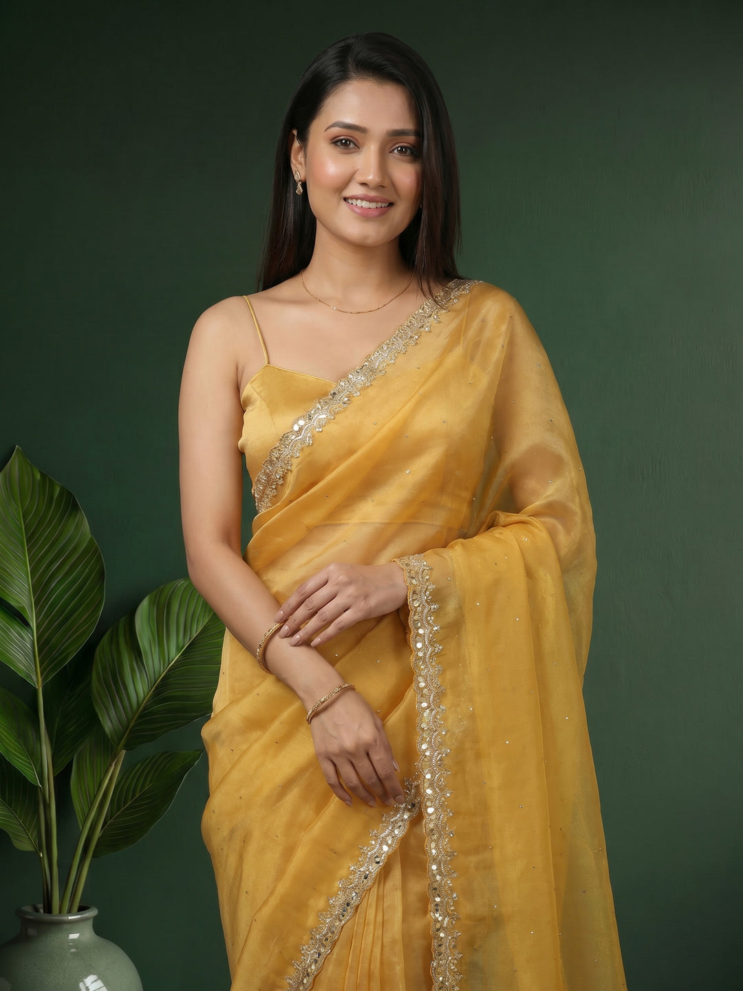Mustard Embroidered Tissue Saree