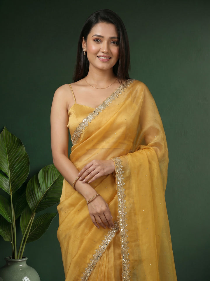 Mustard Embroidered Tissue Saree