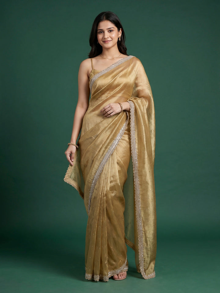 Mehndi Embroidered Tissue Saree