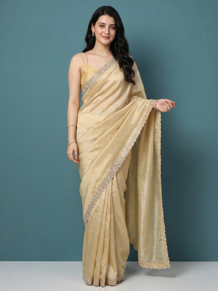 Beige Embroidered Tissue Saree