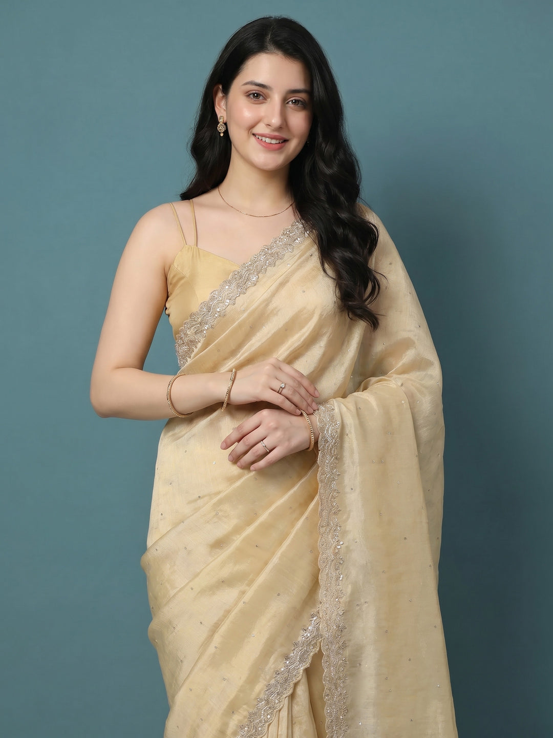 Beige Embroidered Tissue Saree