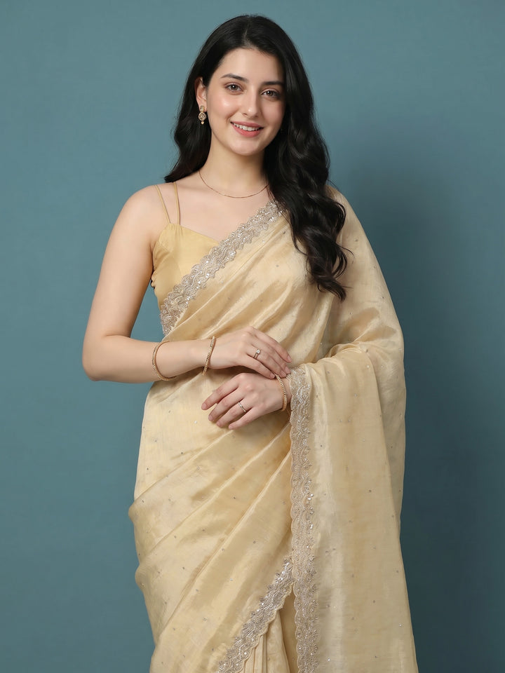 Beige Embroidered Tissue Saree