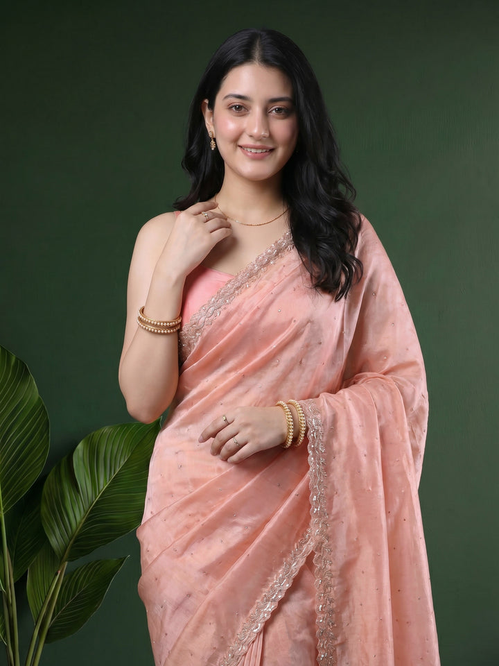 Peach Embroidered Tissue Saree