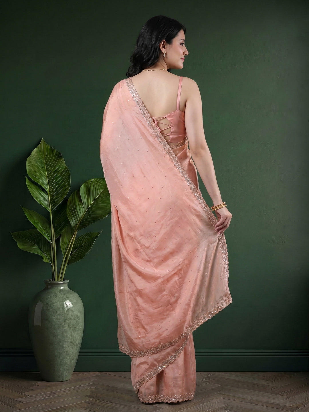 Peach Embroidered Tissue Saree