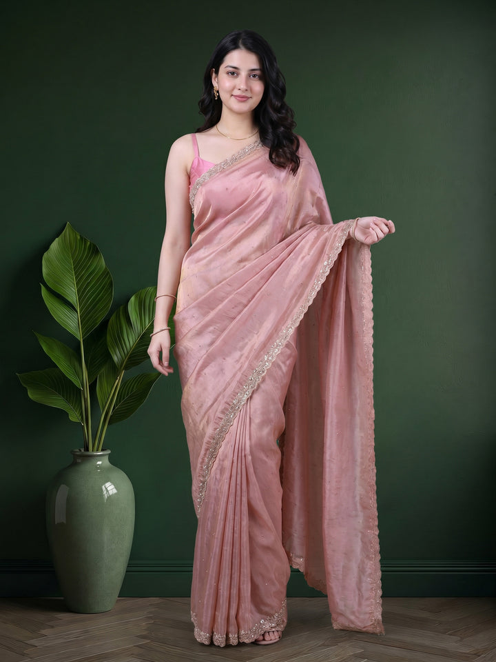 Pink Lavender Embroidered Tissue Saree