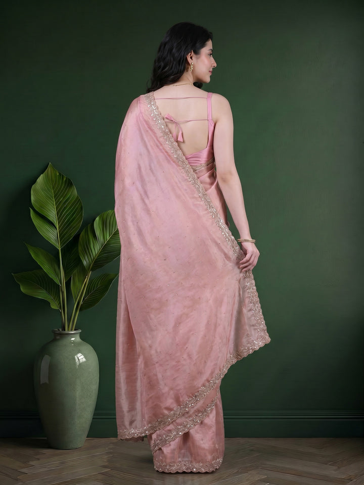 Pink Lavender Embroidered Tissue Saree