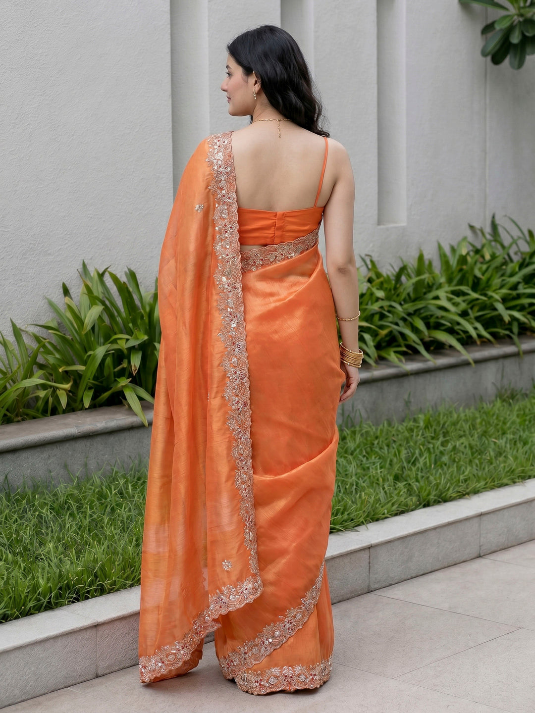 Orange Embroidered Organza Saree