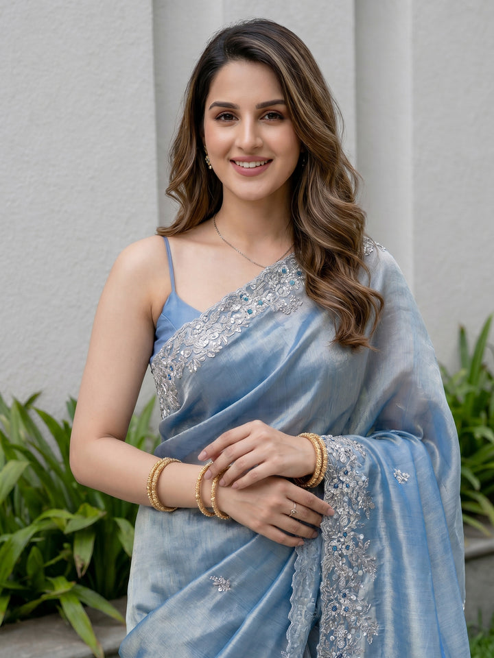 Teal Blue Embroidered Organza Saree