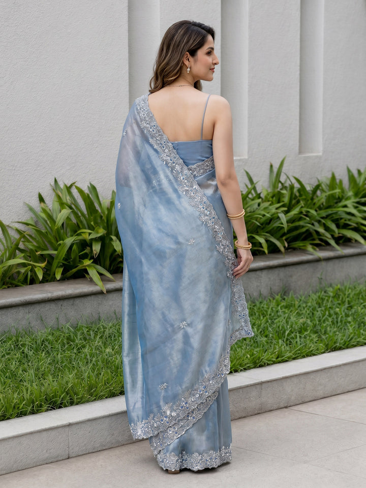 Teal Blue Embroidered Organza Saree