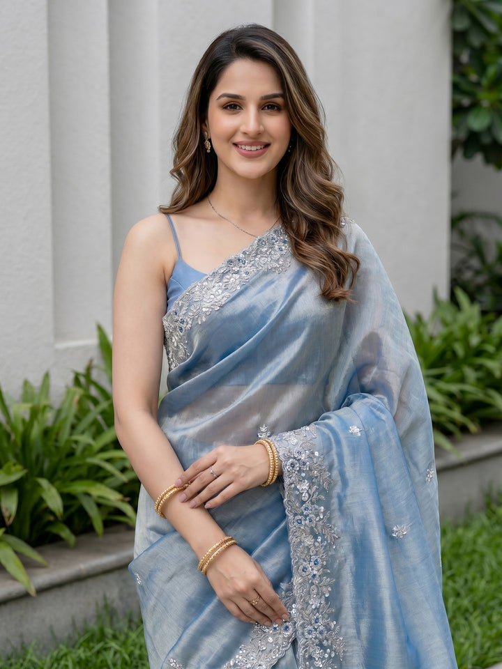 Teal Blue Embroidered Organza Saree