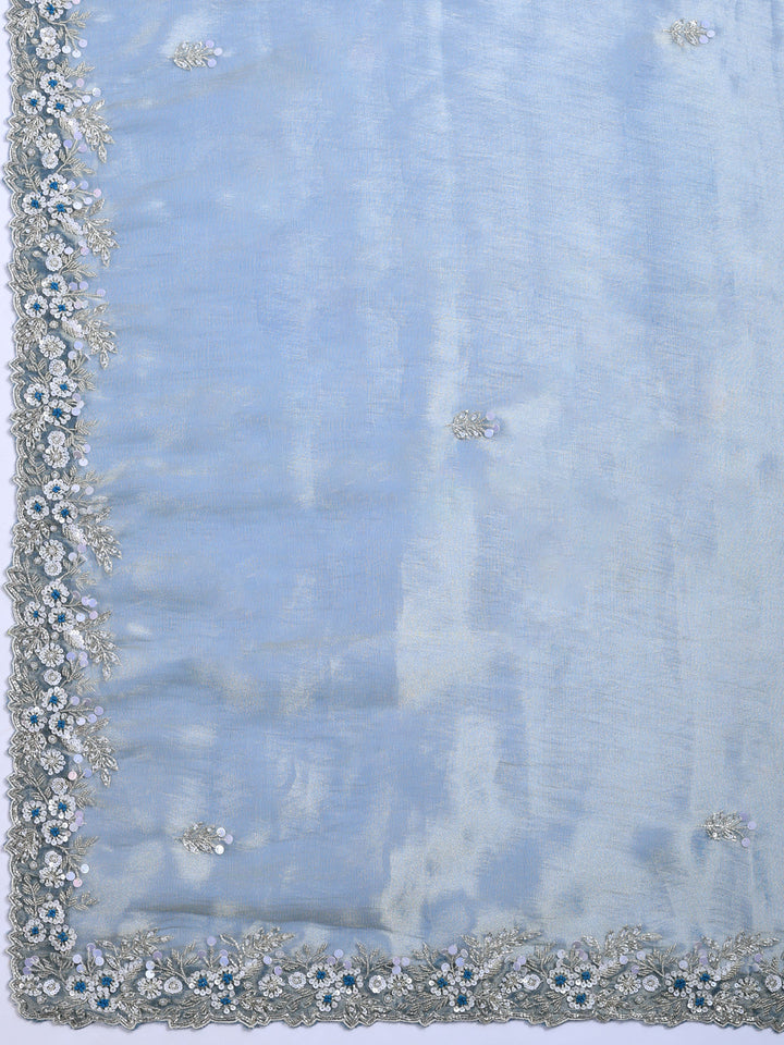 Teal Blue Embroidered Organza Saree