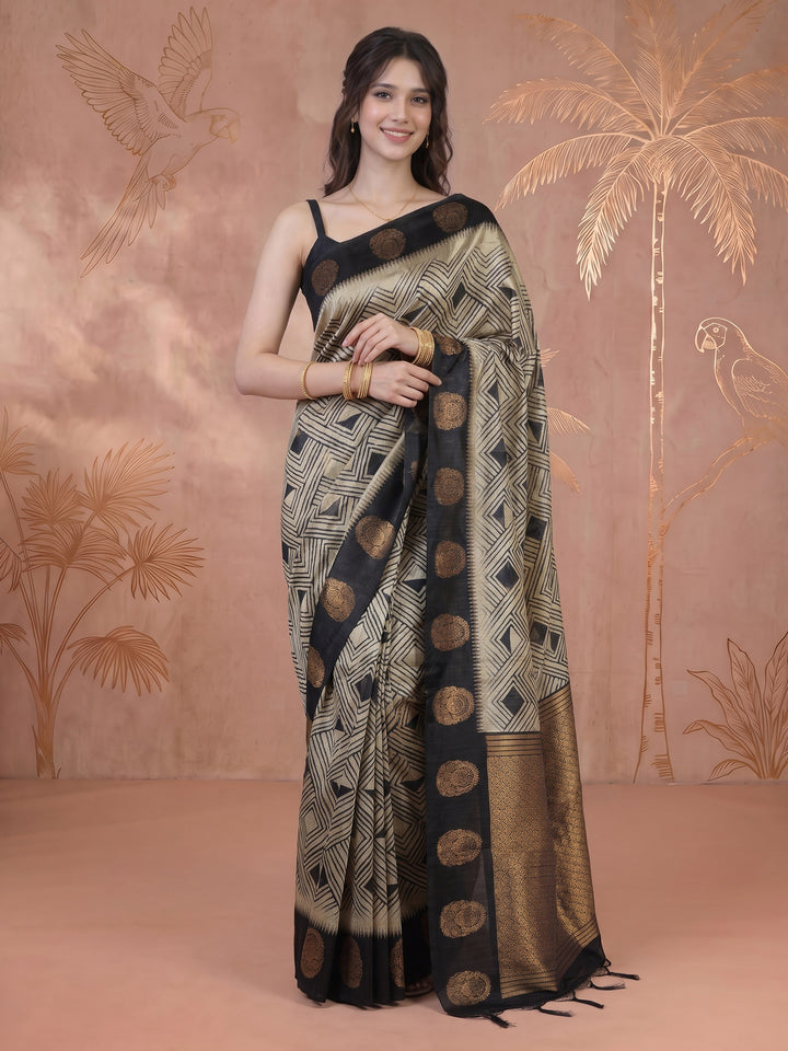 Black Tussar Printed Saree
