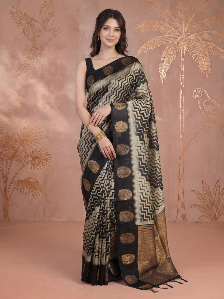 Black Tussar Printed Saree