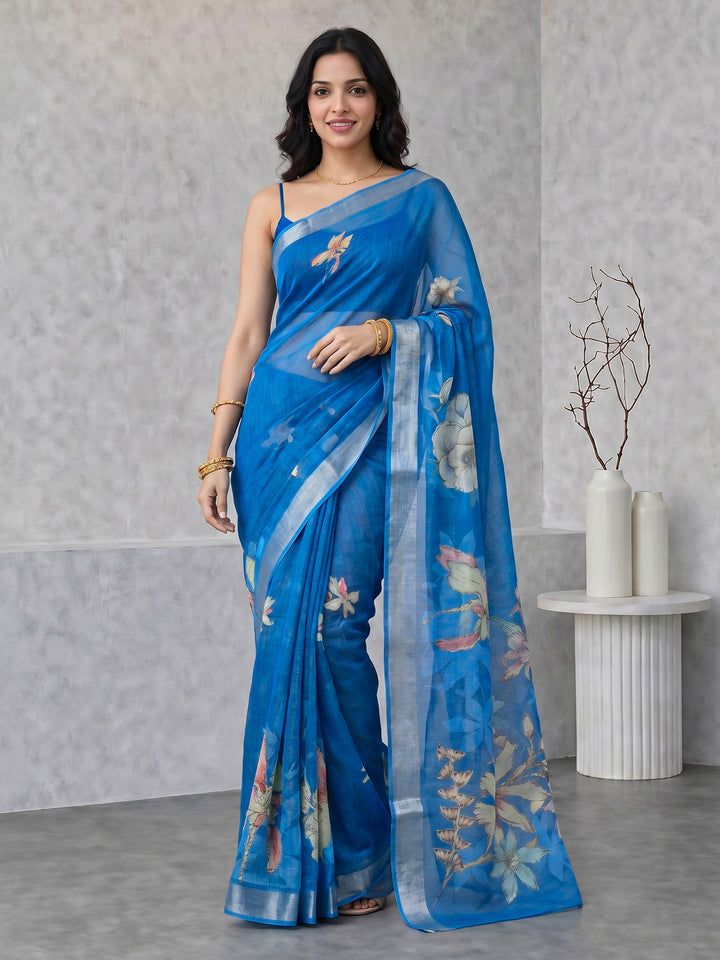 Blue Digital Print Cotton Blend Saree