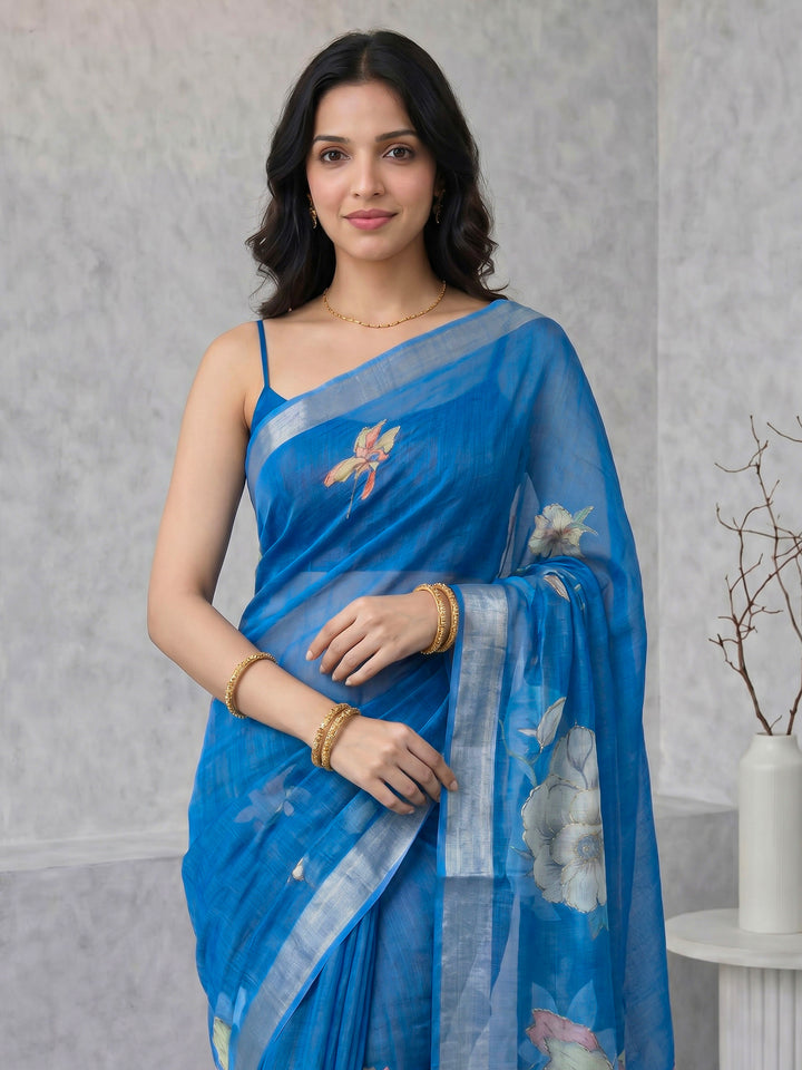 Blue Digital Print Cotton Blend Saree