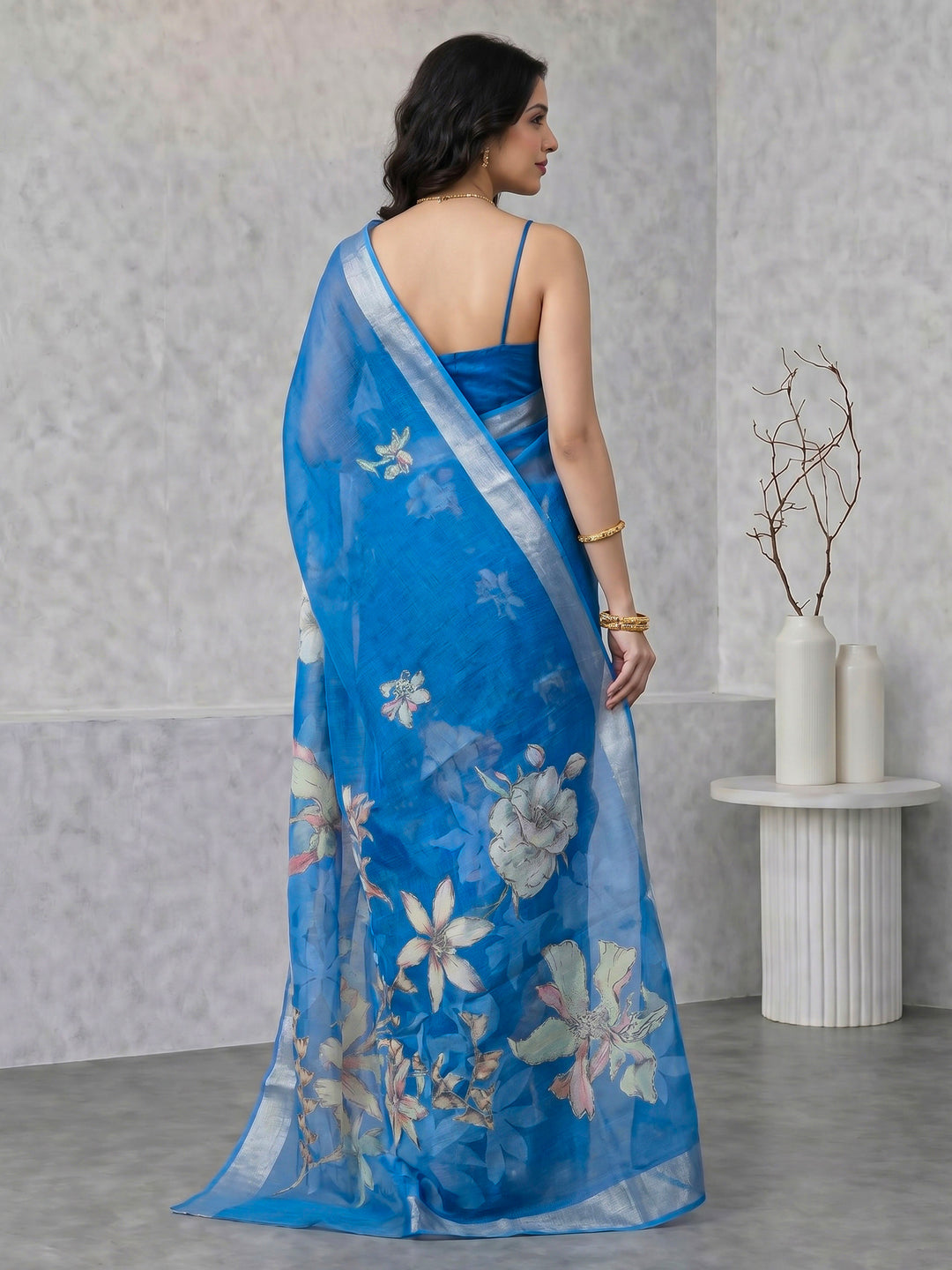Blue Digital Print Cotton Blend Saree