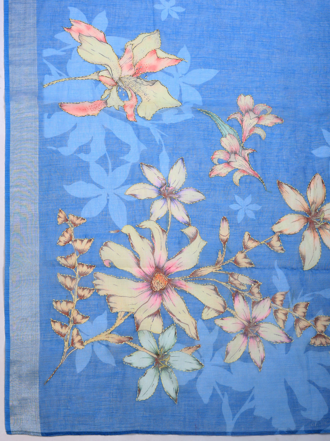 Blue Digital Print Cotton Blend Saree