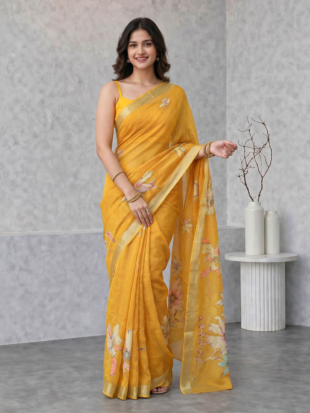 Mustard Digital Print Cotton Blend Saree