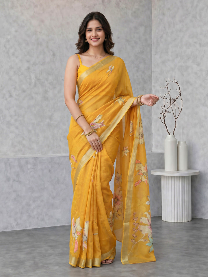 Mustard Digital Print Cotton Blend Saree
