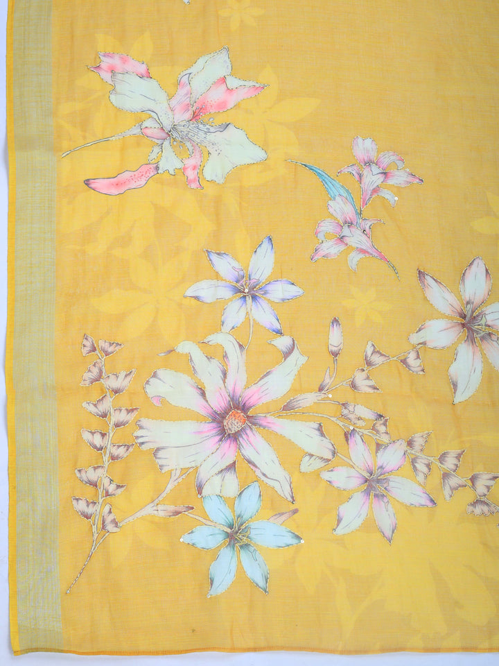 Mustard Digital Print Cotton Blend Saree
