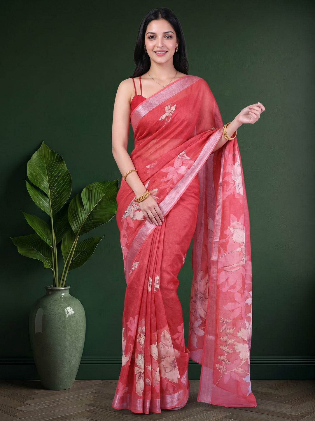 Peach Digital Print Cotton Blend Saree