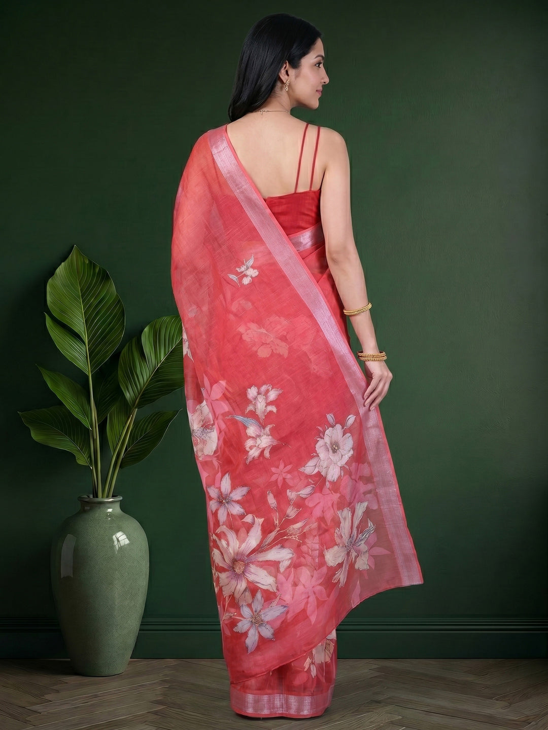 Peach Digital Print Cotton Blend Saree