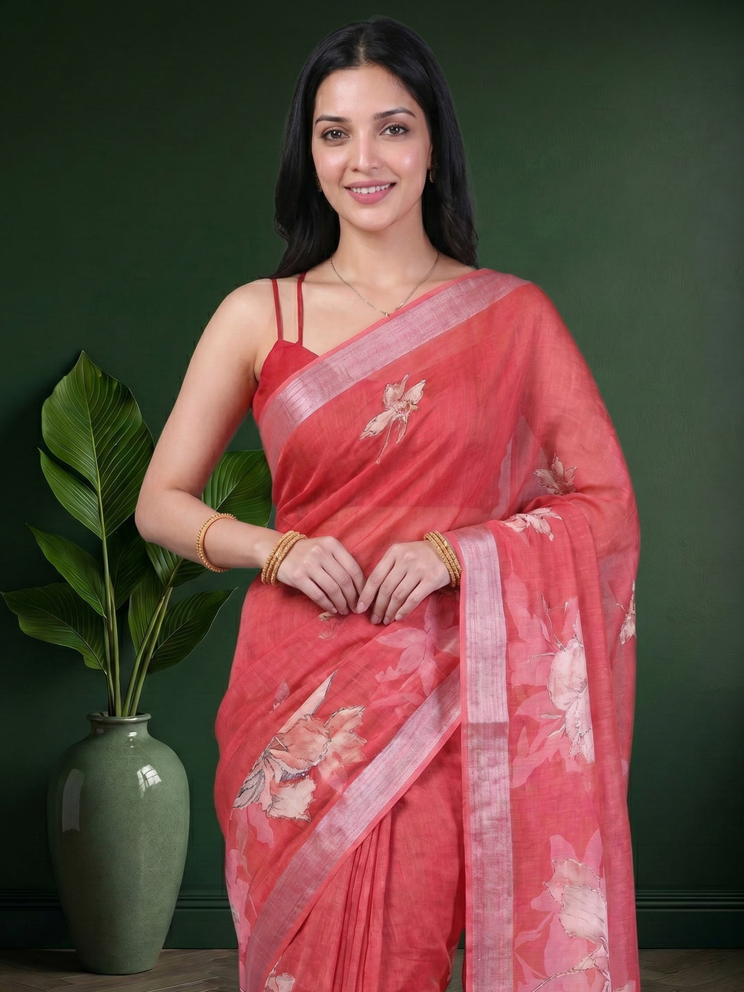 Peach Digital Print Cotton Blend Saree