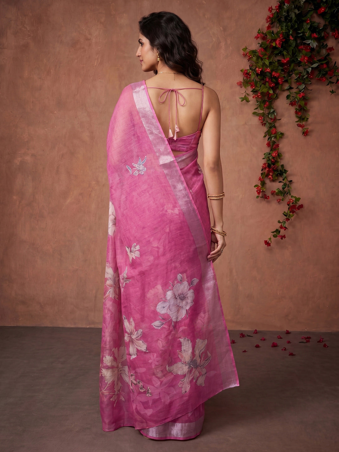 Pink Digital Print Cotton Blend Saree