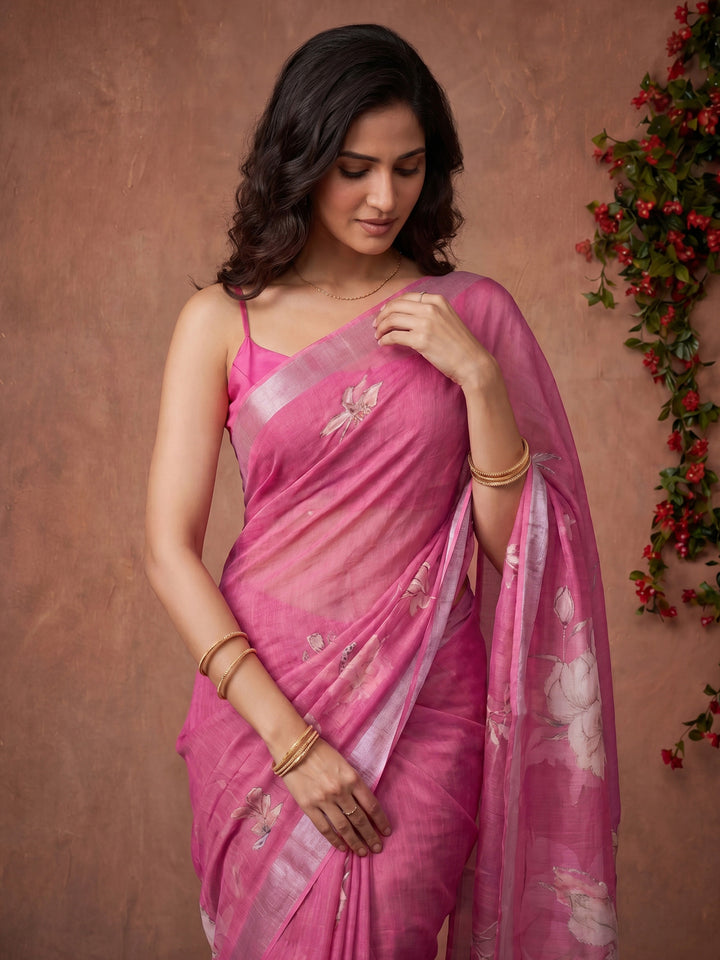 Pink Digital Print Cotton Blend Saree