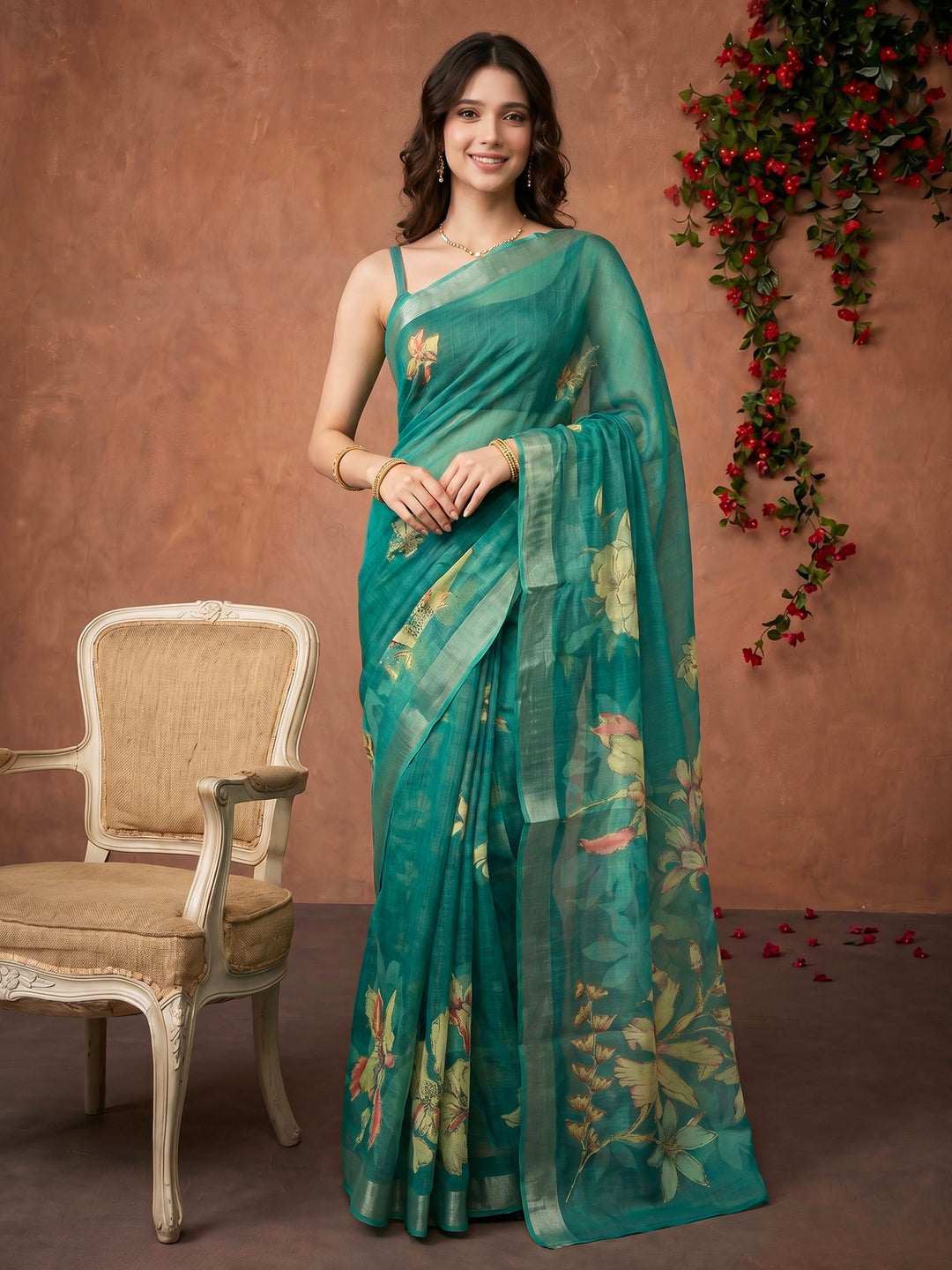 Sea Green Digital Print Cotton Blend Saree