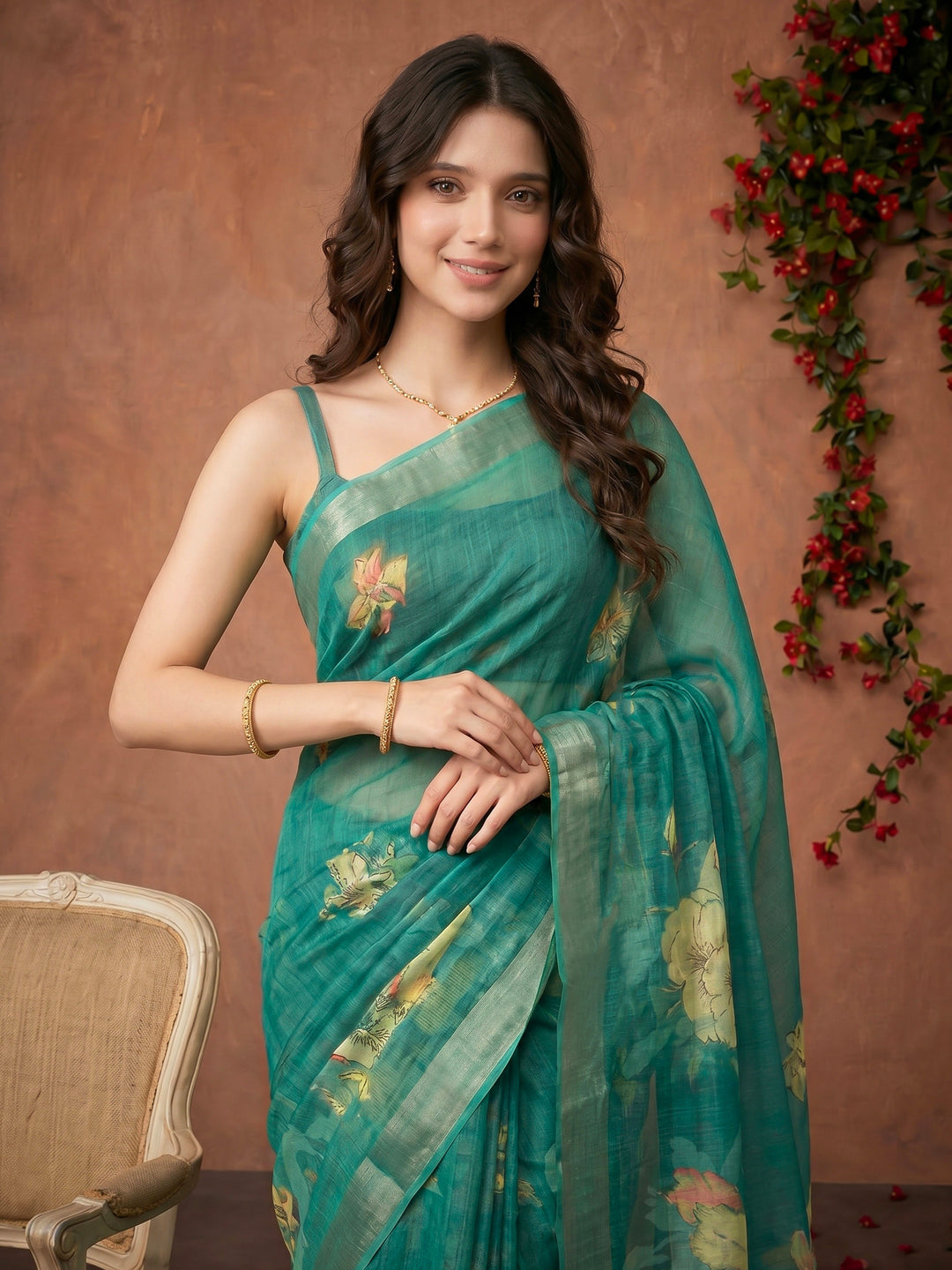 Sea Green Digital Print Cotton Blend Saree
