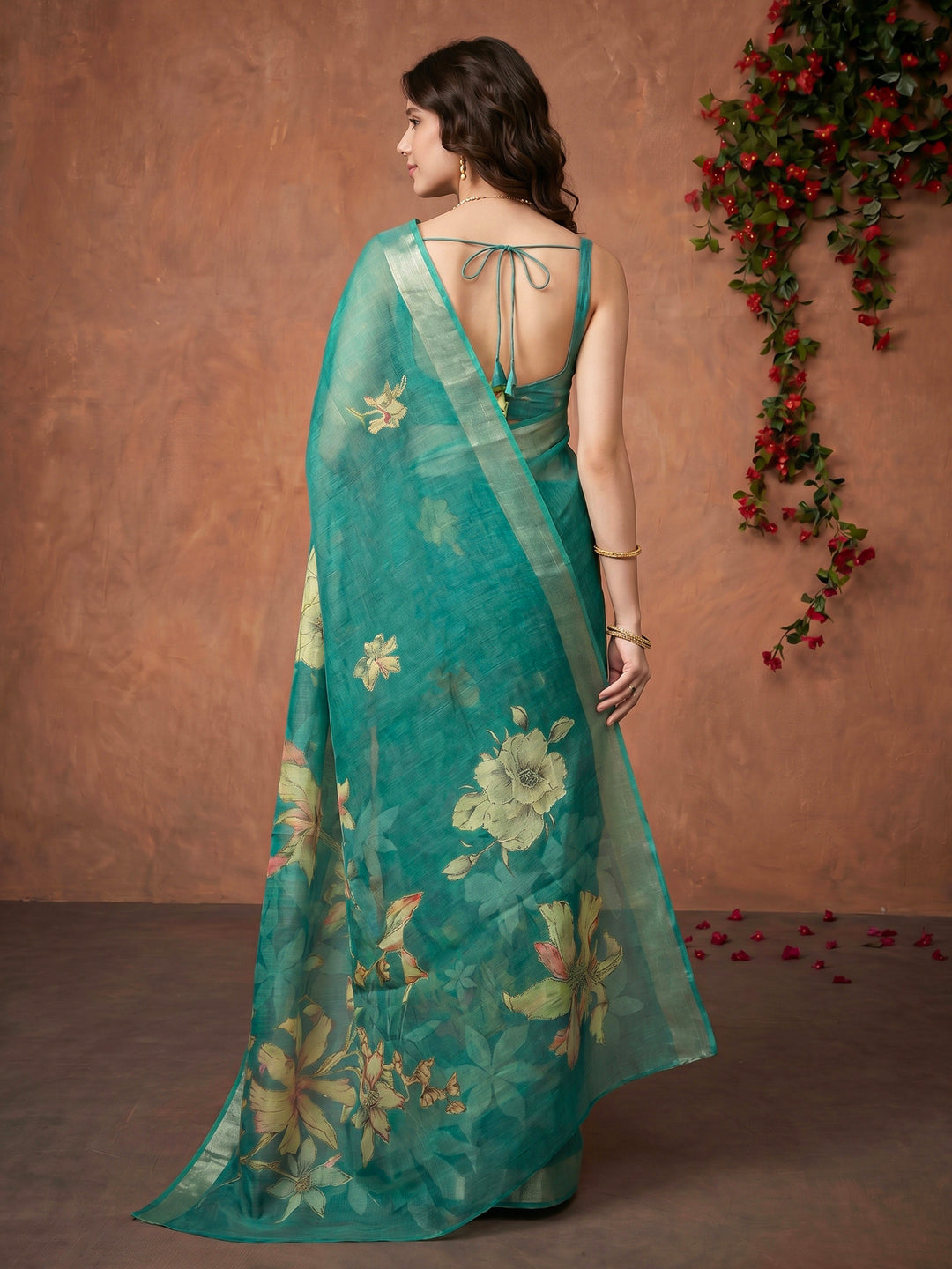 Sea Green Digital Print Cotton Blend Saree
