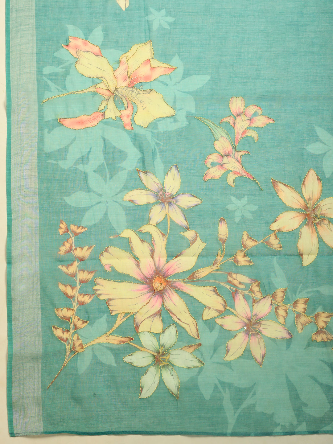 Sea Green Digital Print Cotton Blend Saree