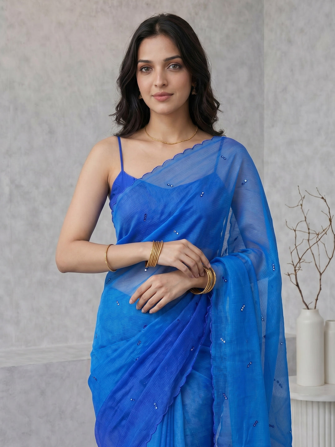 Blue Printed Cotton Blend Saree