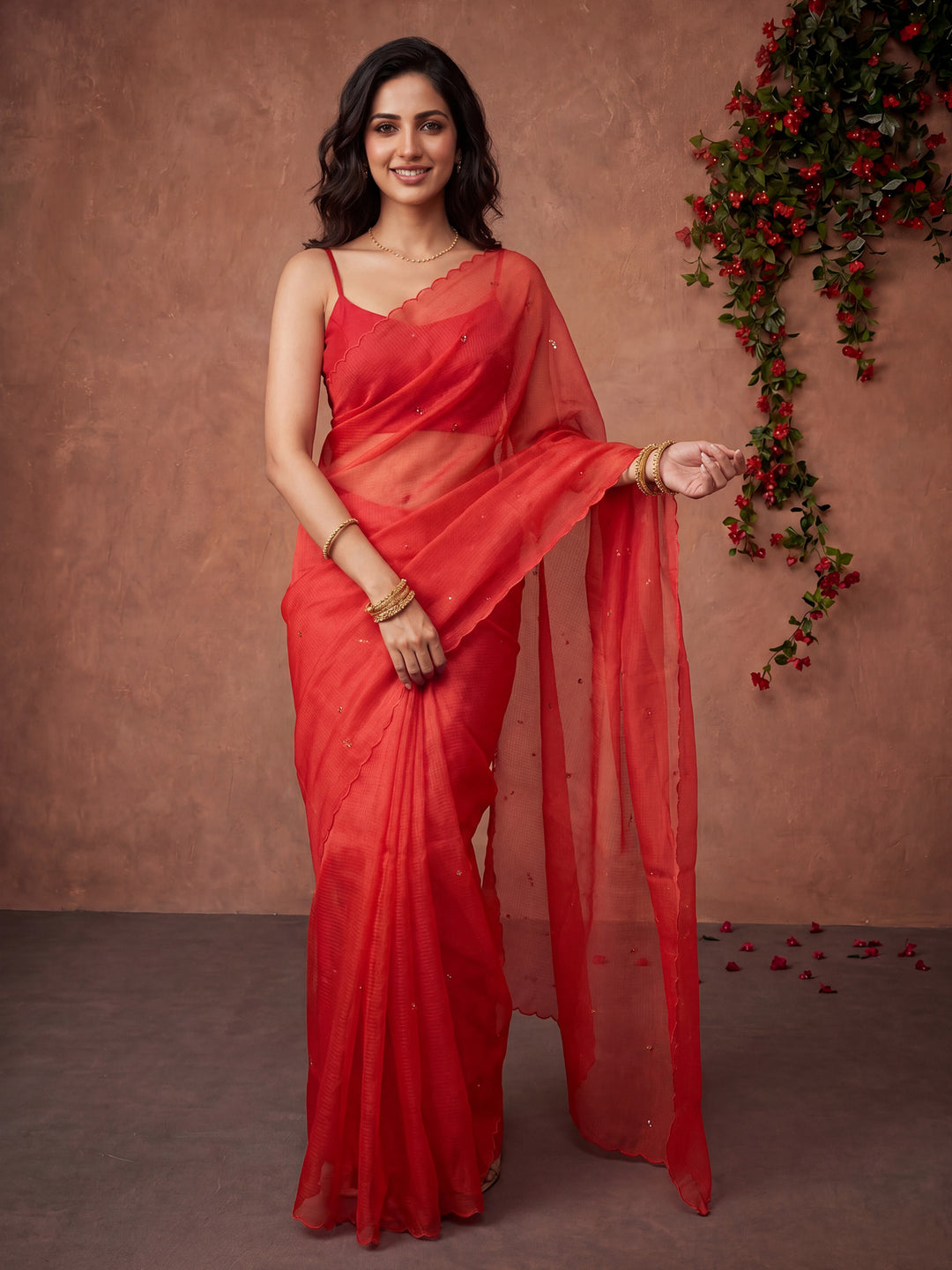 Peach Printed Cotton Blend Saree