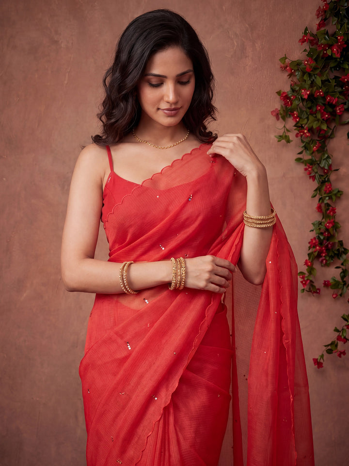 Peach Printed Cotton Blend Saree