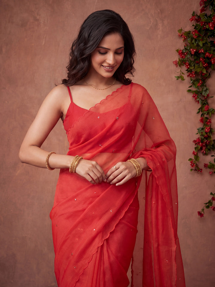 Peach Printed Cotton Blend Saree