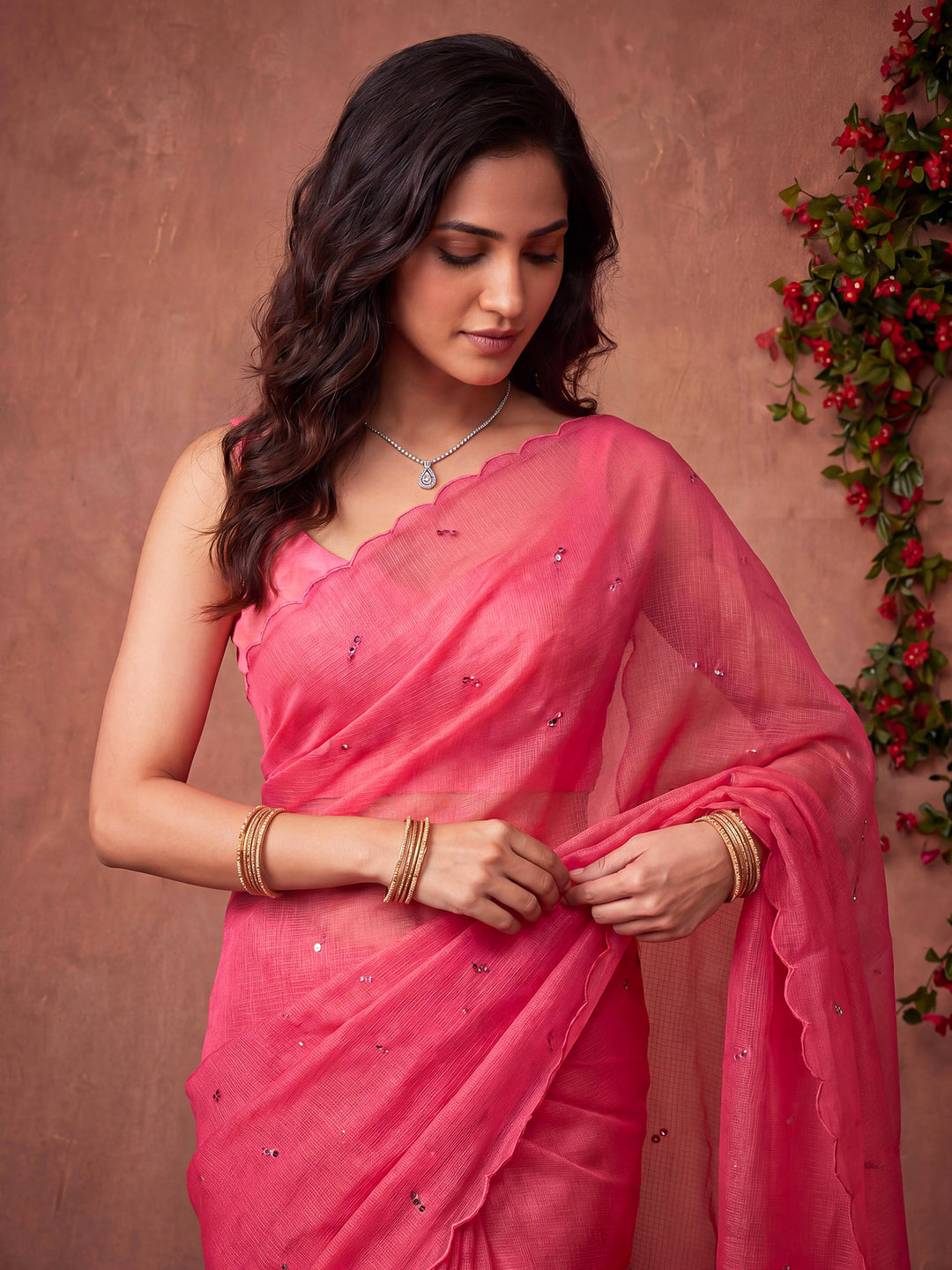 Pink Printed Cotton Blend Saree
