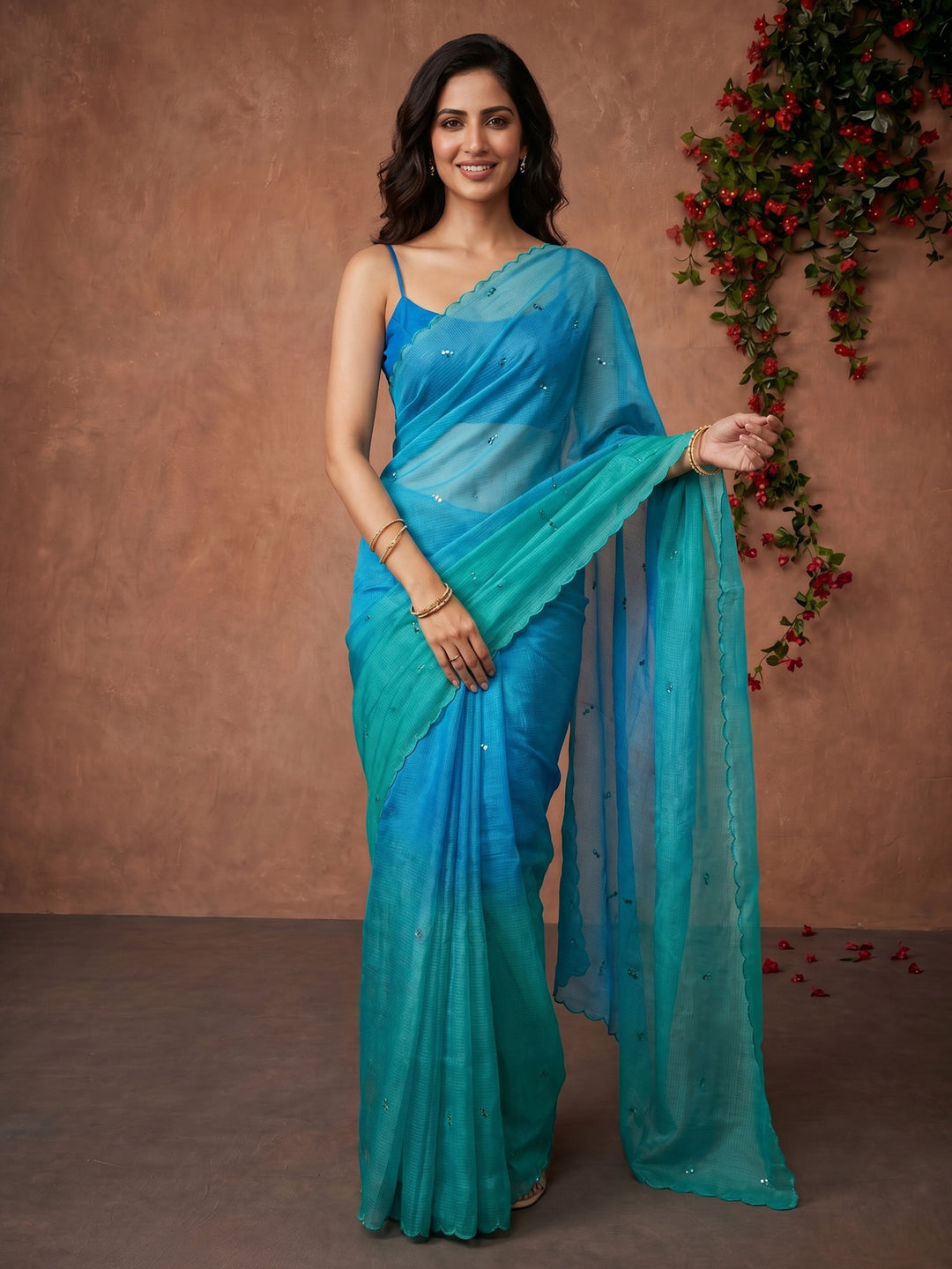 Sea Green Printed Cotton Blend Saree