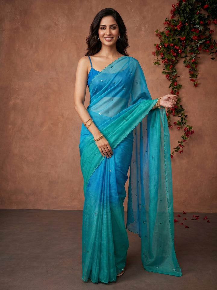Sea Green Printed Cotton Blend Saree