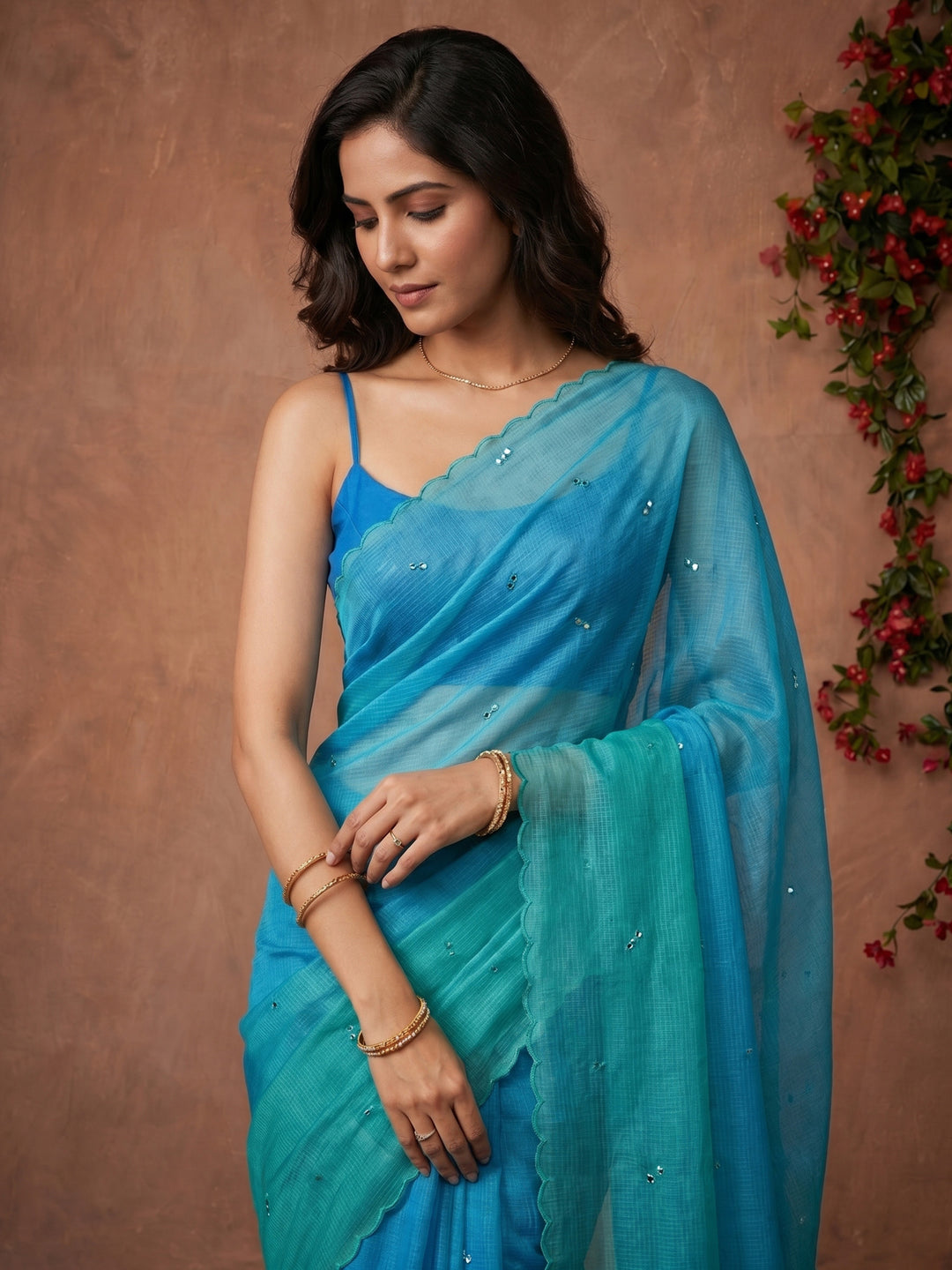Sea Green Printed Cotton Blend Saree