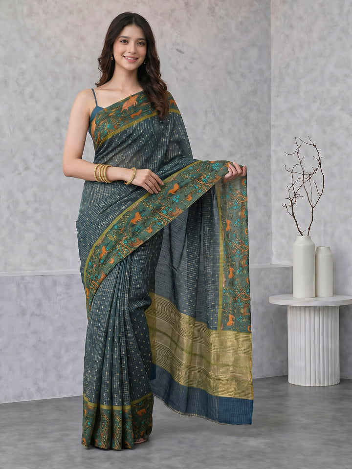 Blue Digital Print Cotton Blend Saree