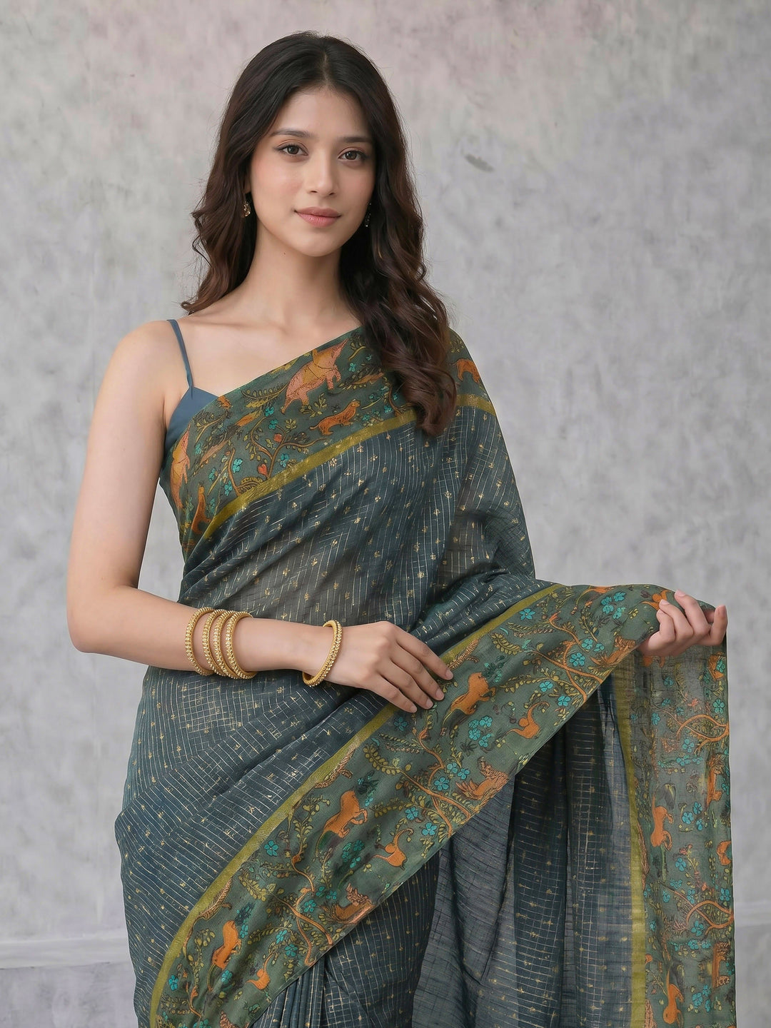 Blue Digital Print Cotton Blend Saree