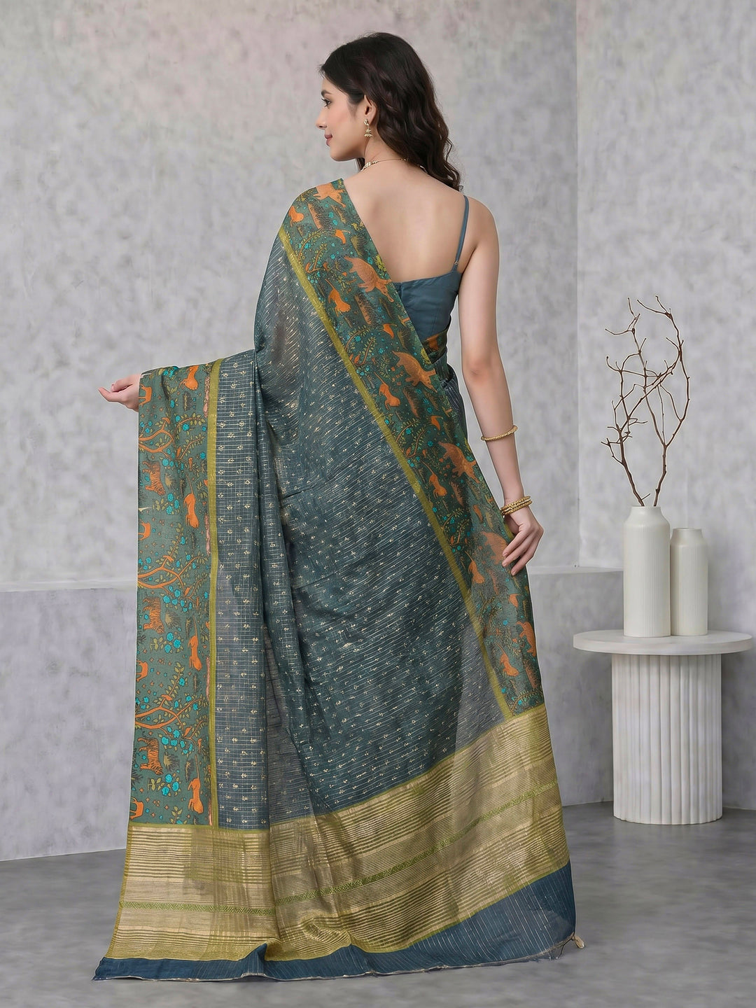 Blue Digital Print Cotton Blend Saree