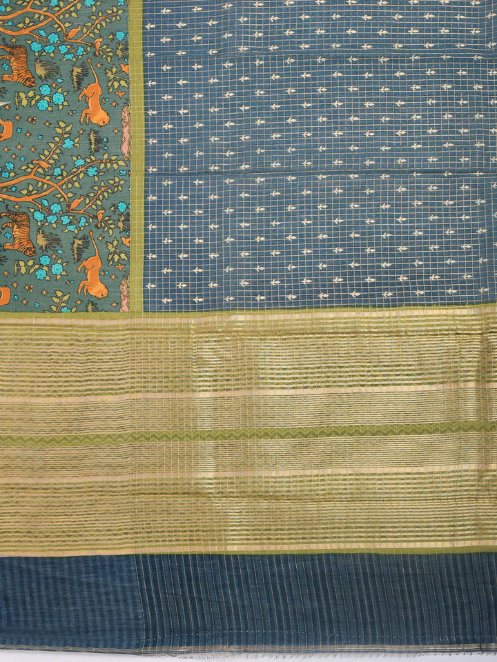 Blue Digital Print Cotton Blend Saree